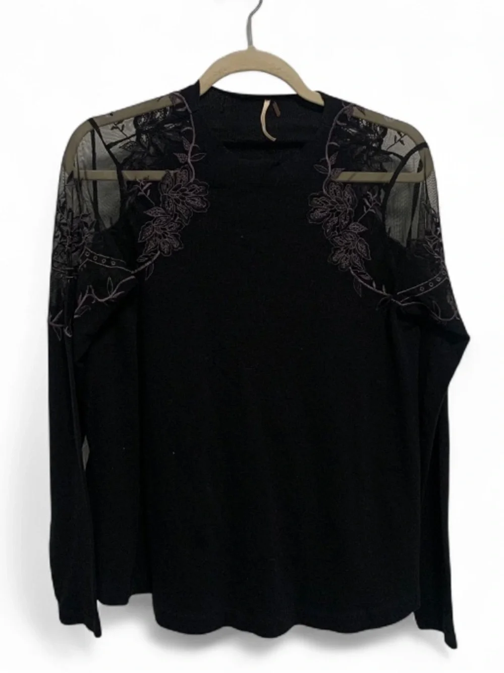 Free People Black Boho Long-Sleeve Top with Floral Embroidered Mesh Yoke